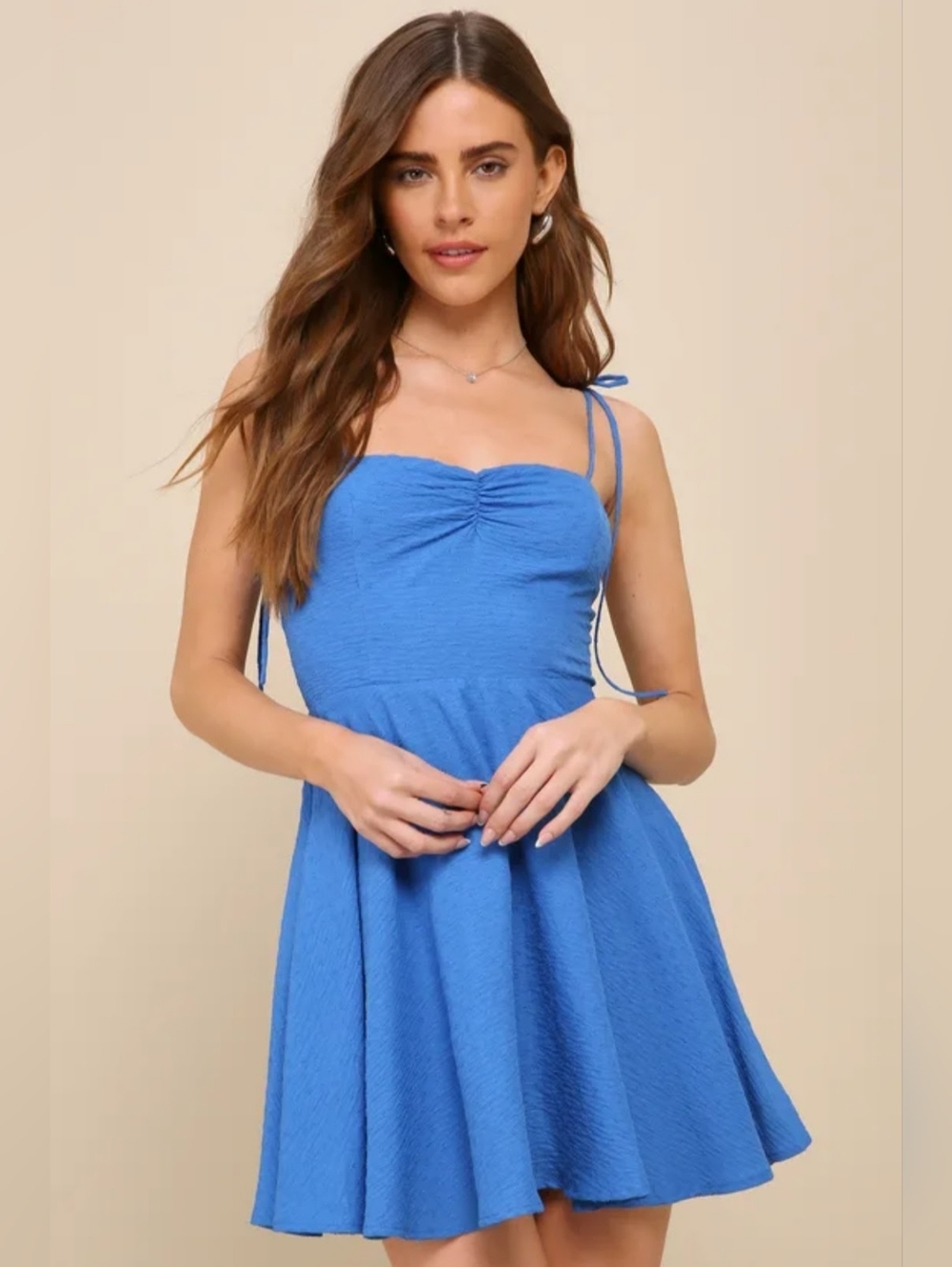 Lulus Summer Certainty Embroidered Tie-Strap Skater Mini Dress in Blue